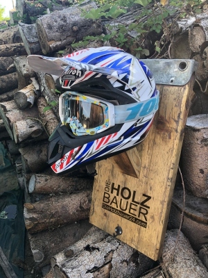 Helmet holder made of scaffolding plank with logo print